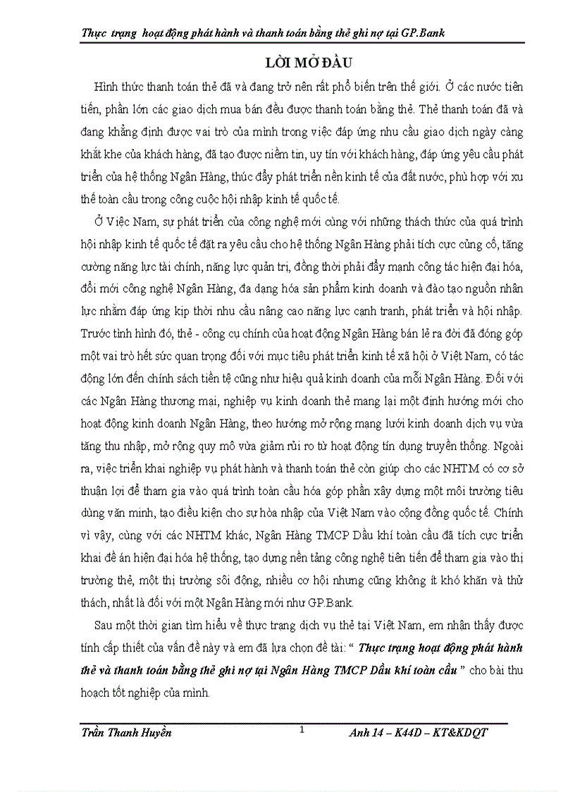 Thực trạng hoạt động phát hành và thanh toán bằng thẻ ghi nợ tại GP Bank
