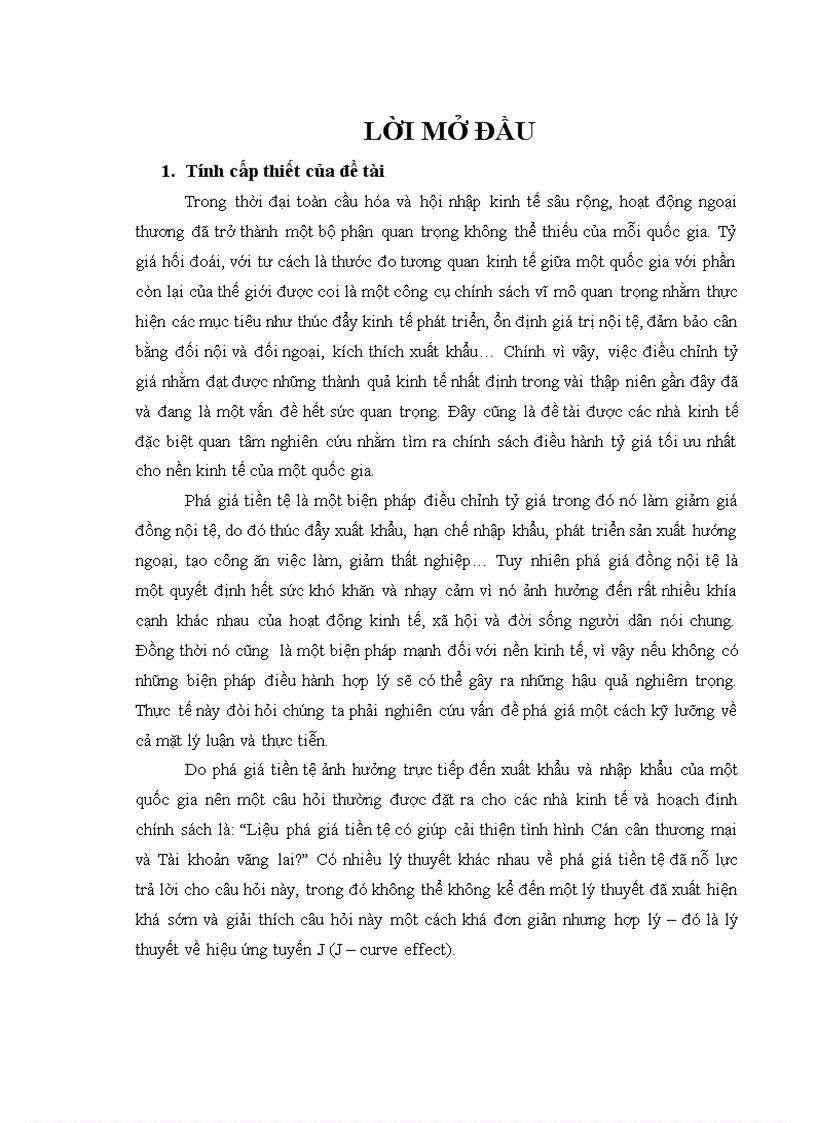 Khóa luận Ngoại thương Hiệu ứng tuyến J trong phá giá tiền tệ Lý thuyết thực tiễn một số nước và những khuyến nghị rút ra cho Việt Nam
