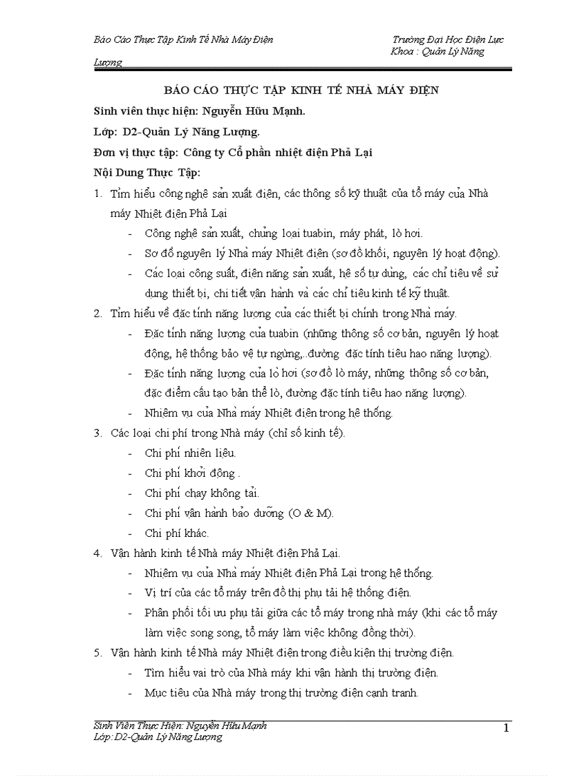 Báo cáo thực tập kinh tế nhà máy điện