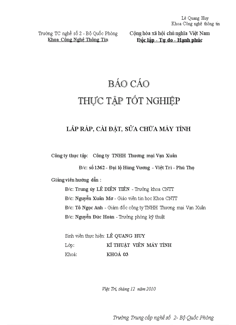 Báo cáo thực tập Lắp ráp cài đặt và sửa chữa máy vi tính