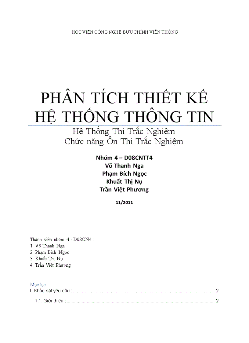 PHÂN TÍCH THIẾT KẾ HỆ THỐNG THÔNG TIN Hệ Thống Thi Trắc Nghiệm Chức năng Ôn Thi Trắc Nghiệm