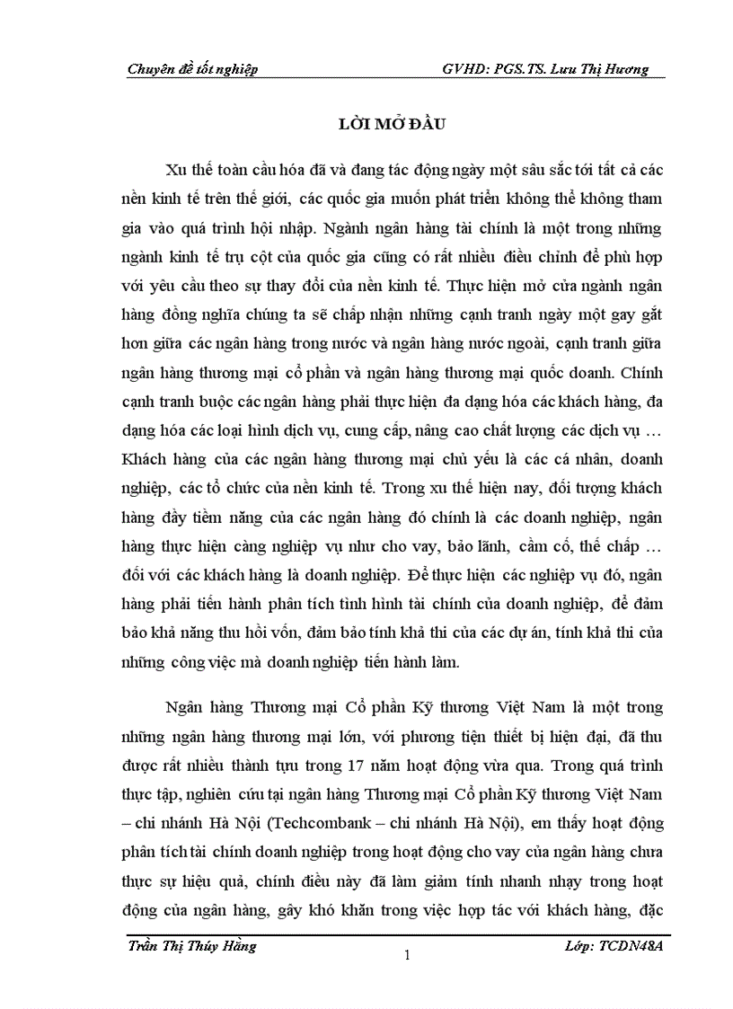 Hoàn thiện nội dung phân tích tài chính doanh nghiệp trong hoạt động cho vay của Ngân hàng Kỹ thương chi nhánh Hà Nội Techcombank chi nhánh Hà Nội