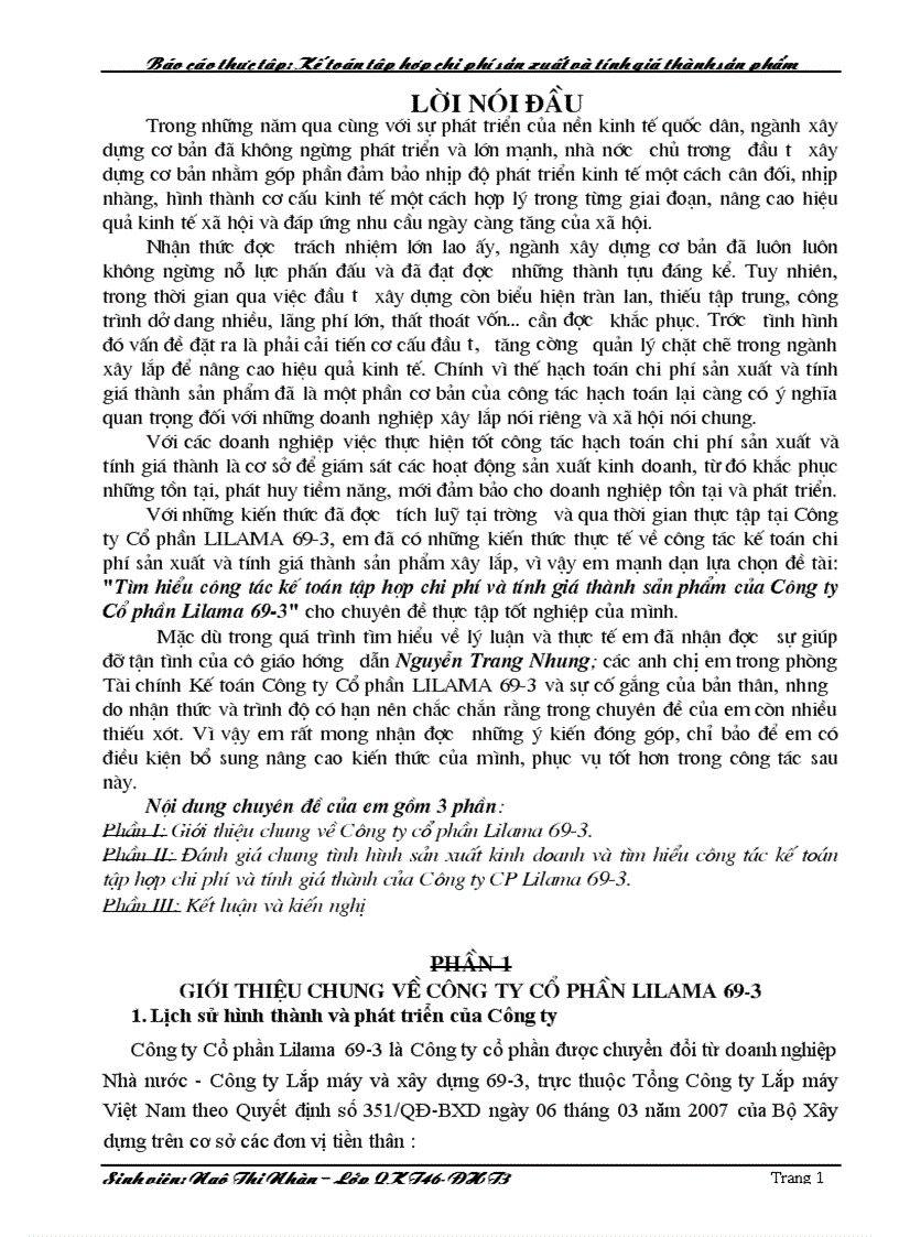 Tìm hiểu công tác kế toán tập hợp chi phí và tính giá thành sản phẩm của Công ty Cổ phần Lilama 69 3