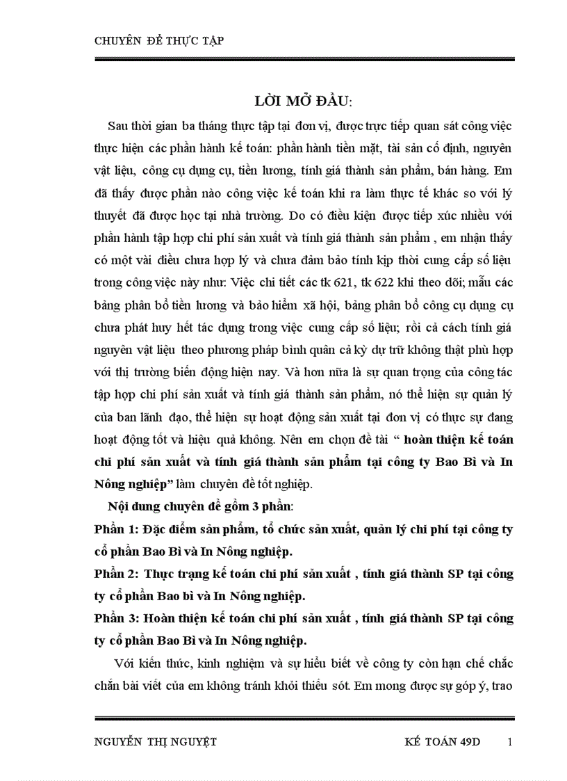 Hoàn thiện kế toán chi phí sản xuất và tính giá thành sản phẩm tại công ty Bao Bì và In Nông nghiệp