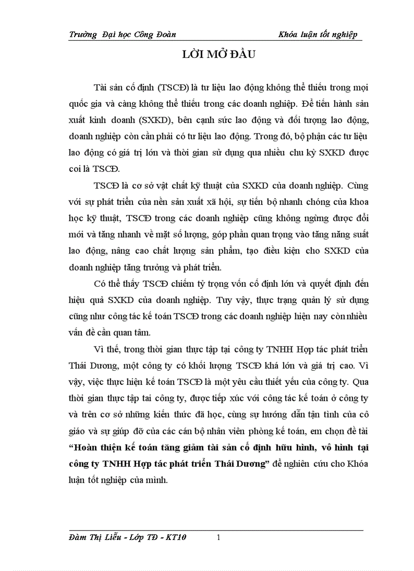 Hoàn thiện kế toán tăng giảm tài sản cố định hữu hình vô hình tại công ty TNHH Hợp tác phát triển Thái Dương