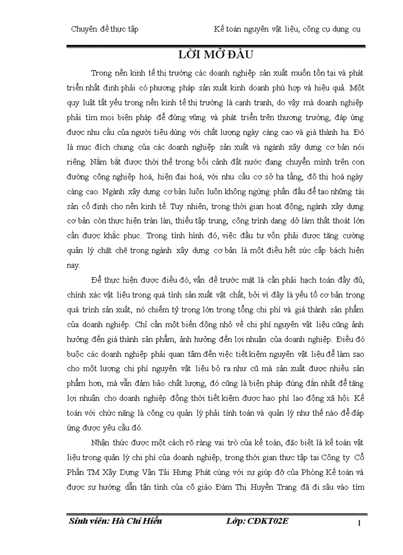 Một số vấn đề cơ bản về hạch toán kế toán nguyên vật liệu ở Công ty Cổ Phần TM Xây Dựng Vận Tải Hưng Phát
