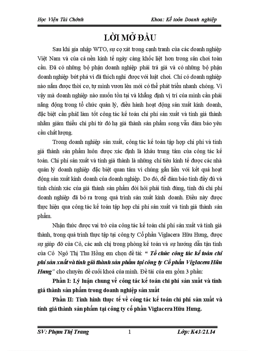Tổ chức công tác kế toán chi phí sản xuất và tính giá thành sản phẩm tại công ty Cổ phần Viglacera Hữu Hưng