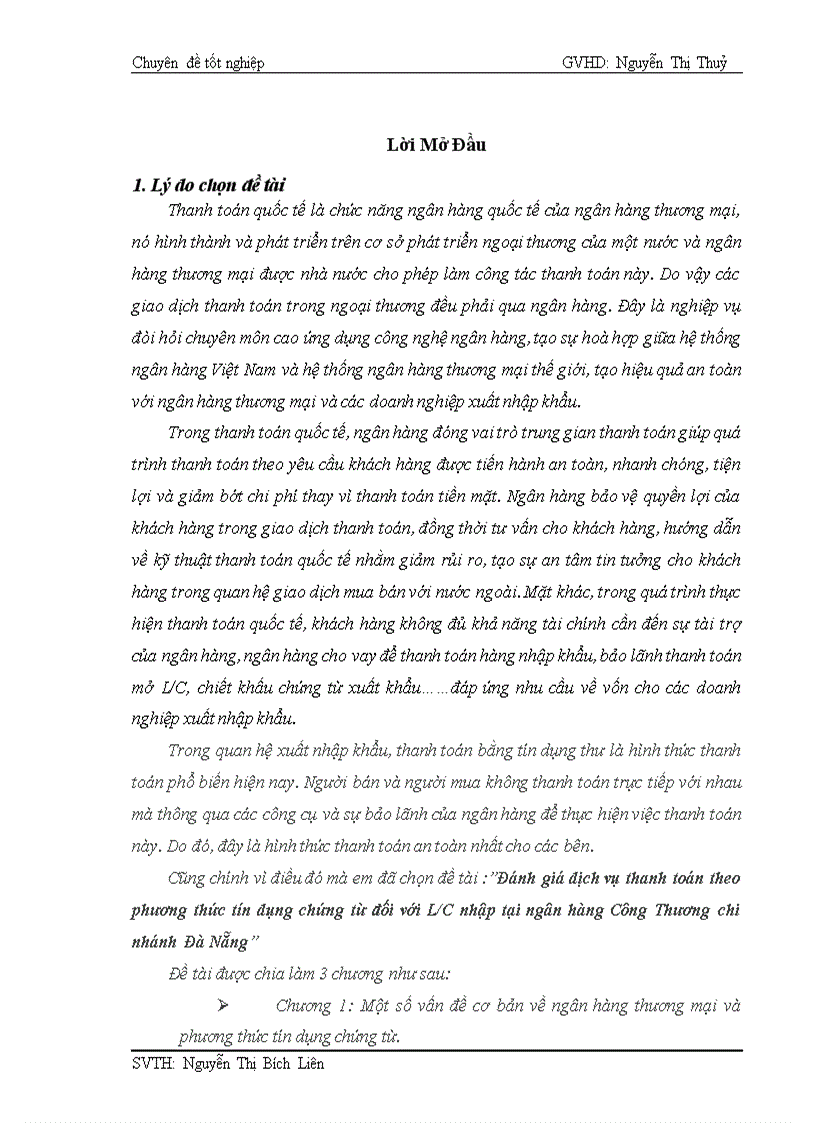 Đánh giá dịch vụ thanh toán theo phương thức tín dụng chứng từ đối với L C nhập tại ngân hàng Công Thương chi nhánh Đà Nẵng