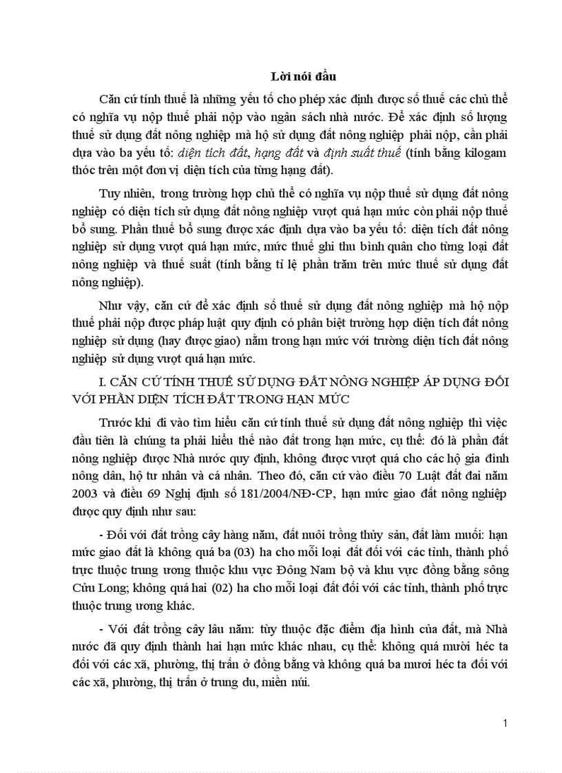Phân tích làm sáng tỏ căn cứ tính thuế sử dụng đất nông nghiệp theo quy định của Luật Thuế sử dụng đất nông nghiệp