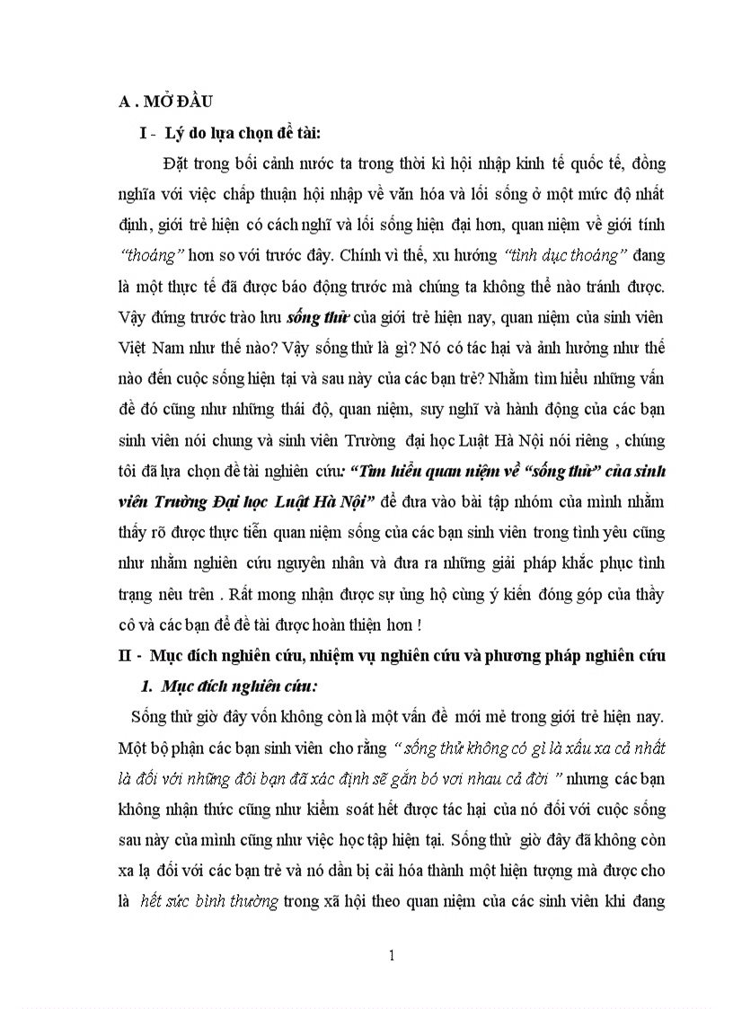 Bài tập xã hội Tìm hiểu quan niệm về sống thử của sinh viên Trường Đại học Luật Hà Nội