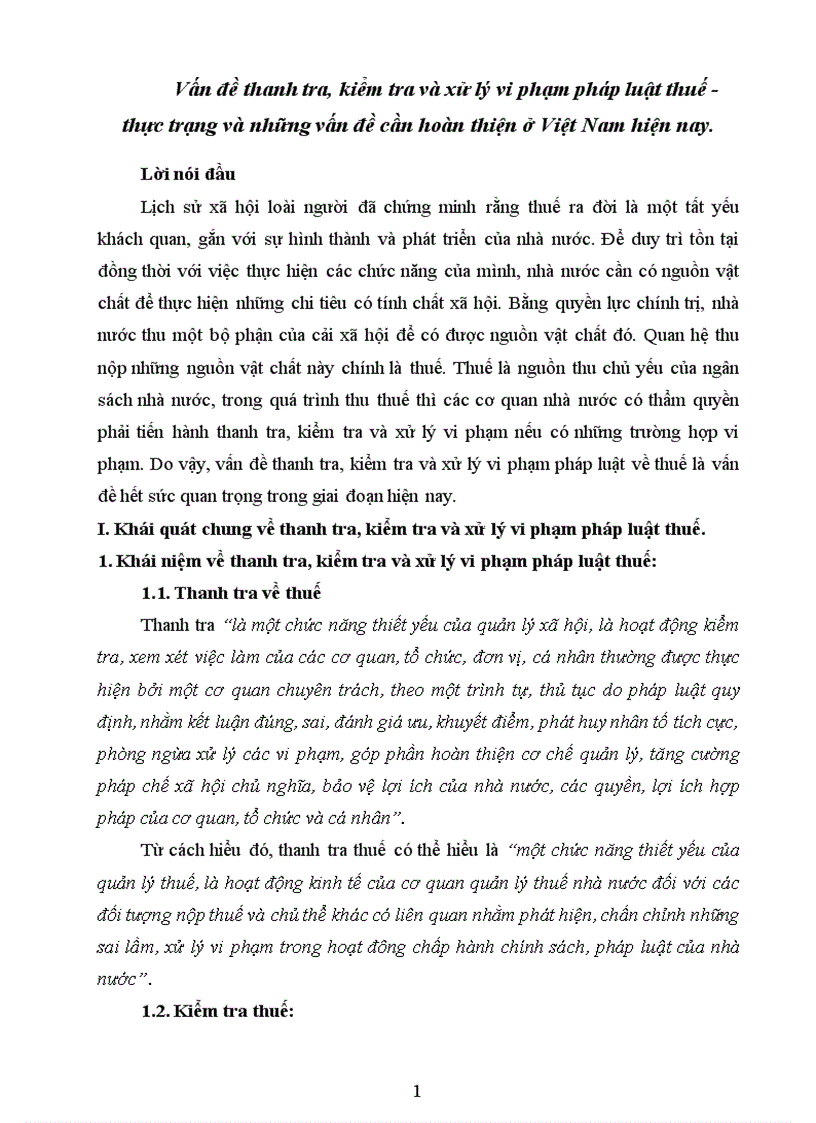 Vấn đề thanh tra kiểm tra và xử lý vi phạm pháp luật thuế thực trạng và những vấn đề cần hoàn thiện ở Việt Nam hiện nay