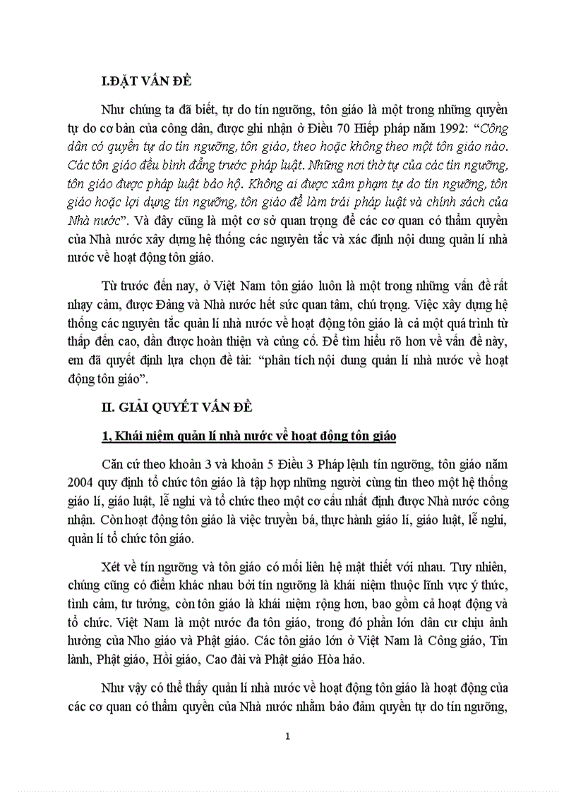 Quản lý nhà nước đề phân tích nội dung quản lí nhà nước về hoạt động tôn giáo