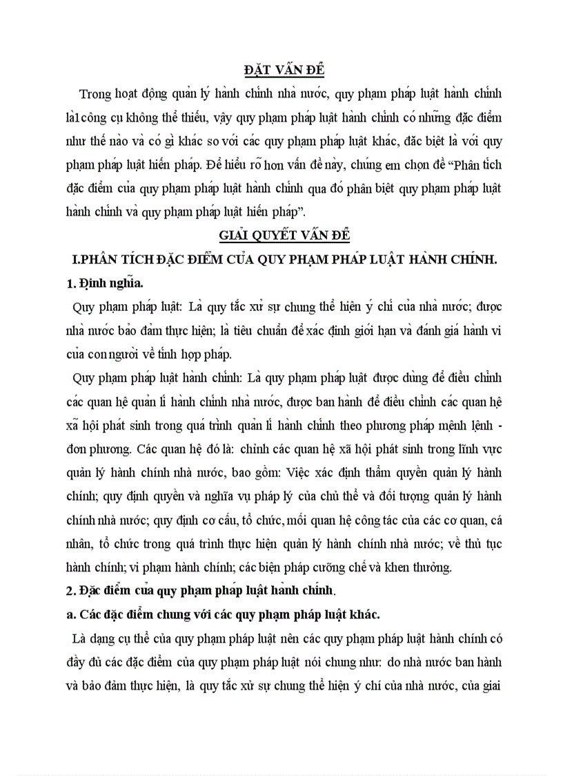 Phân tích đặc điểm của quy phạm pháp luật hành chính qua đó phân biệt quy phạm pháp luật hành chính và quy phạm pháp luật hiến pháp