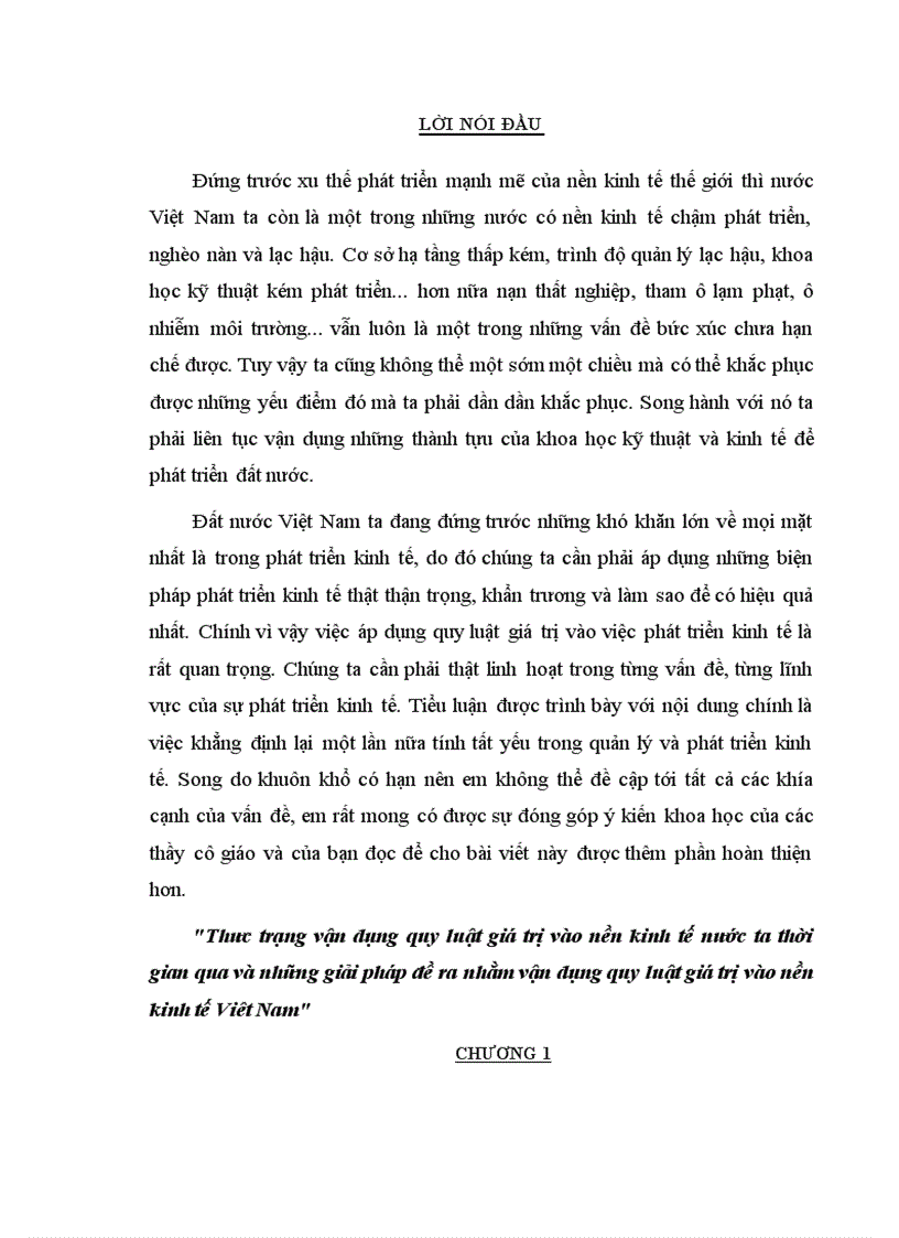 Thực trạng và những giải pháp đề ra nhằm vận dụng quy luật giá trị vào nền kinh tế Viêt Nam