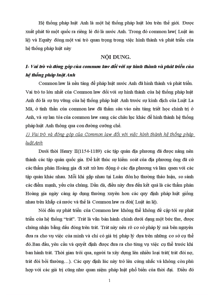Vai trò và đóng góp của common law đối với sự hình thành và phát triển của hệ thống pháp luật Anh