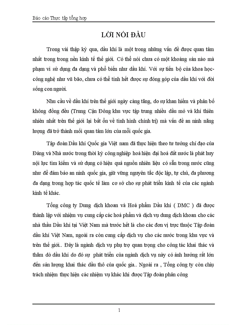 Báo cáo thực tập TỔNG CÔNG TY DUNG DỊCH KHOAN VÀ HÓA PHẨM DẦU KHÍ DMC