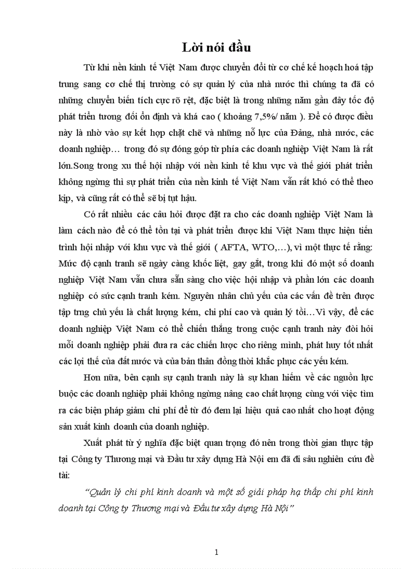 Quản lý chi phí kinh doanh và một số giải pháp hạ thấp chi phí kinh doanh tại Công ty Thương mại và Đầu tư xây dựng Hà Nội