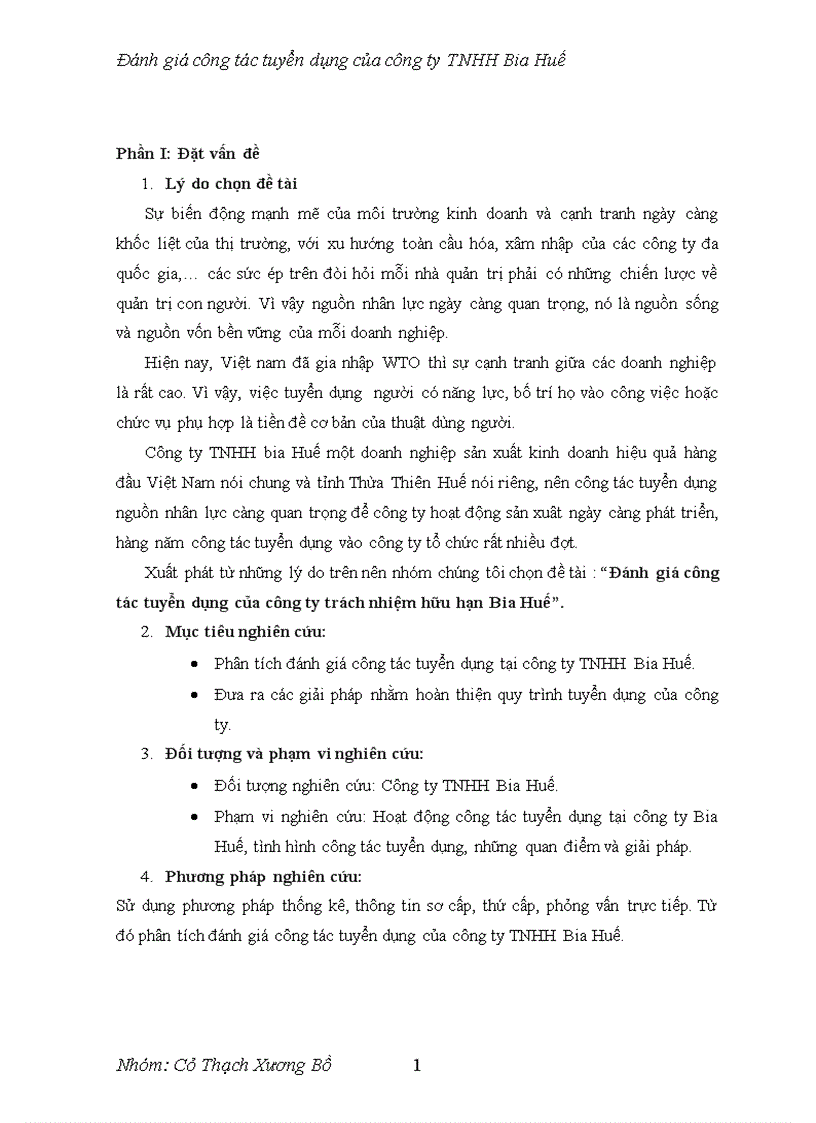 Đánh giá công tác tuyển dụng của công ty TNHH Bia Huế