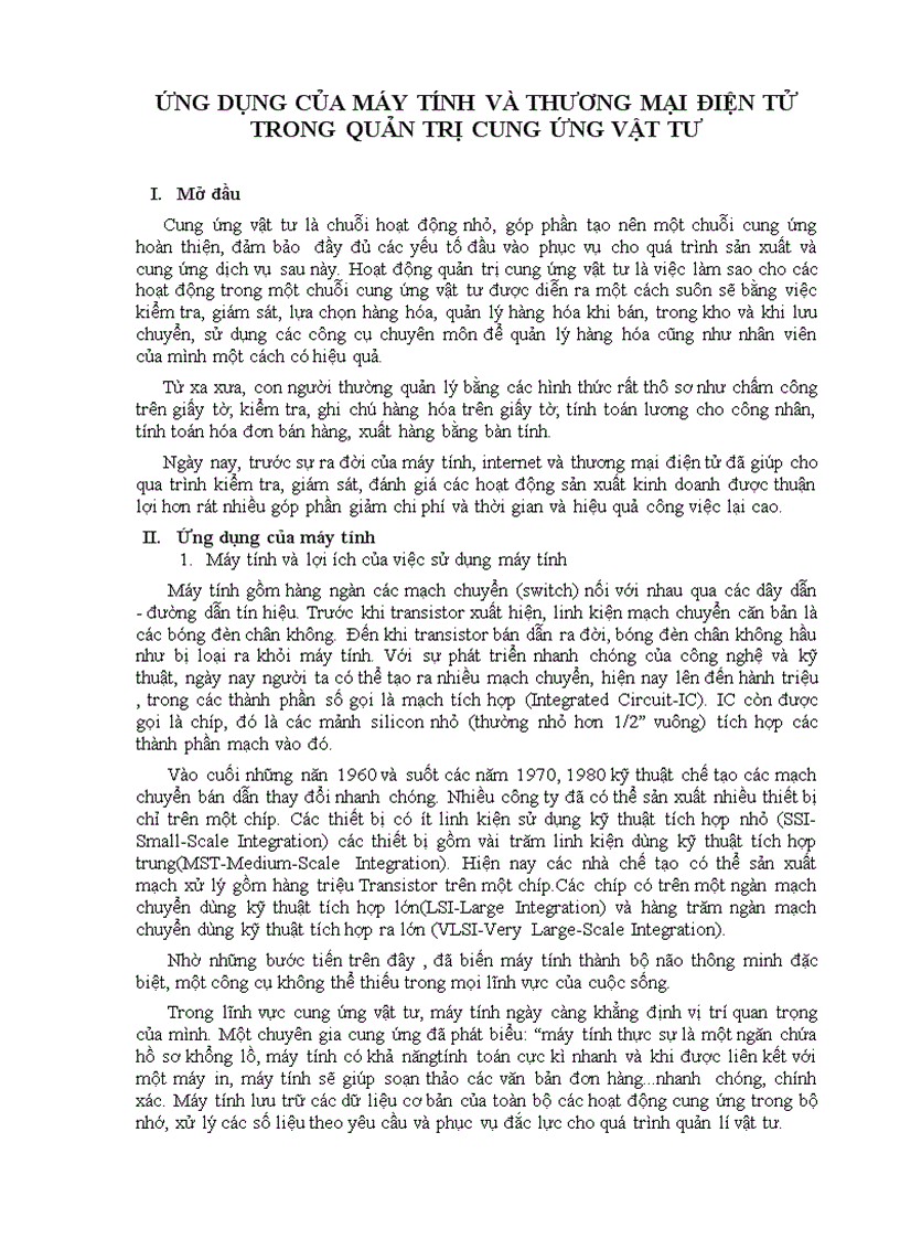 Ứng dụng của máy tính và thương mại điện tử trong quản trị cung ứng vật tư