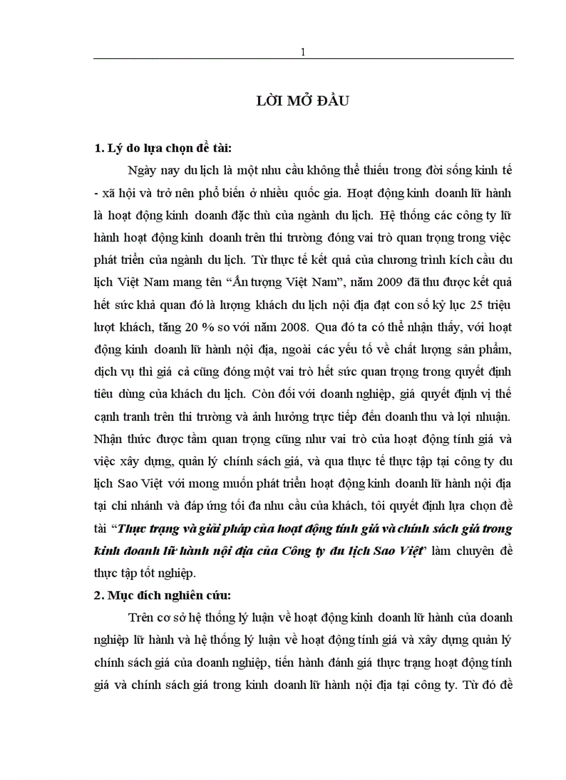 Thực trạng và giải pháp của hoạt động tính giá và chính sách giá trong kinh doanh lữ hành nội địa của Công ty du lịch Sao Việt
