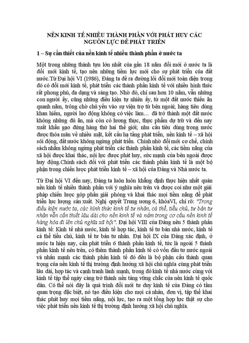 Nền kinh tế nhiều thành phần với phát huy các nguồn lực để phát triển