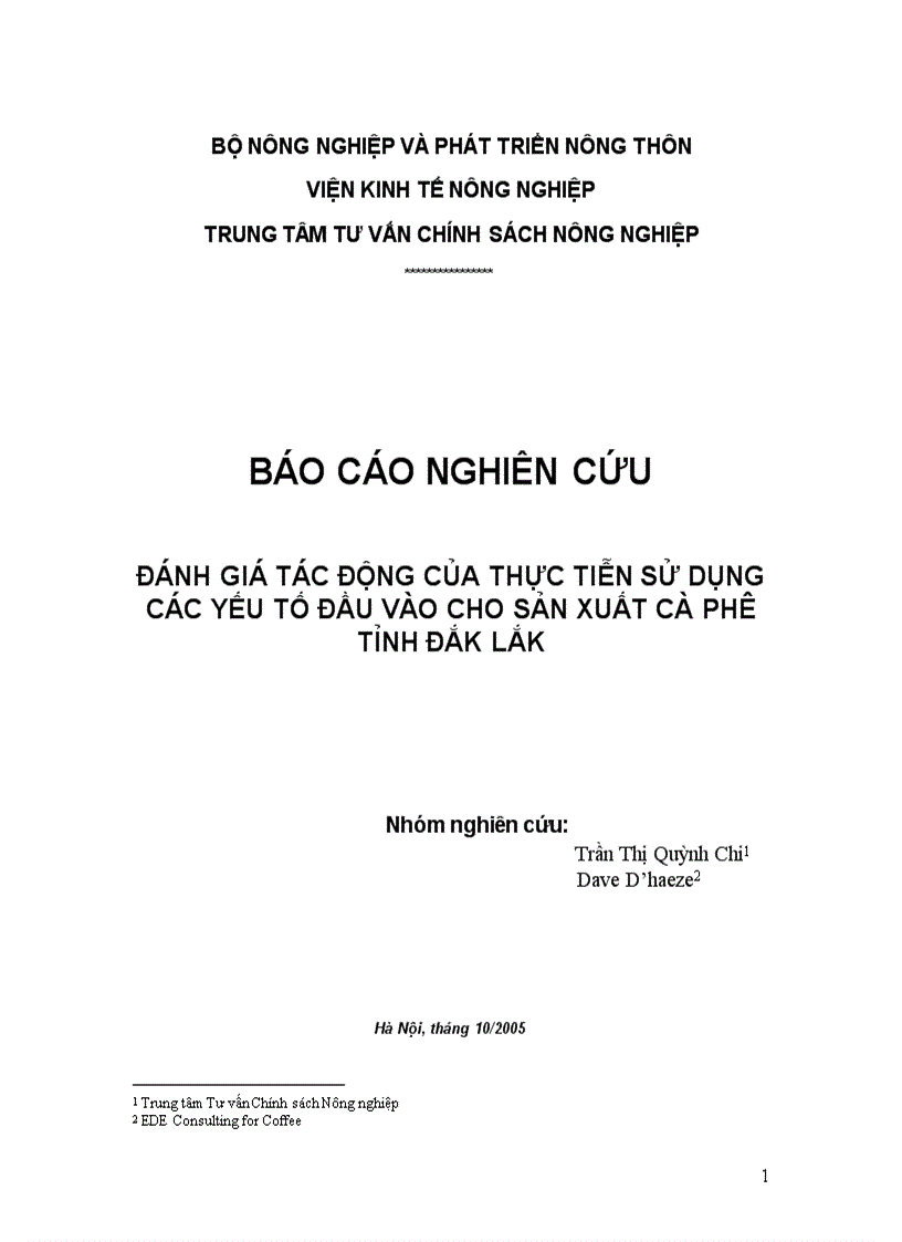 Nghiên cứu đánh giá tác động của thực tiễn sử dụng các yếu tố đầu vào cho sản xuất cà phê tỉnh đắk lắk