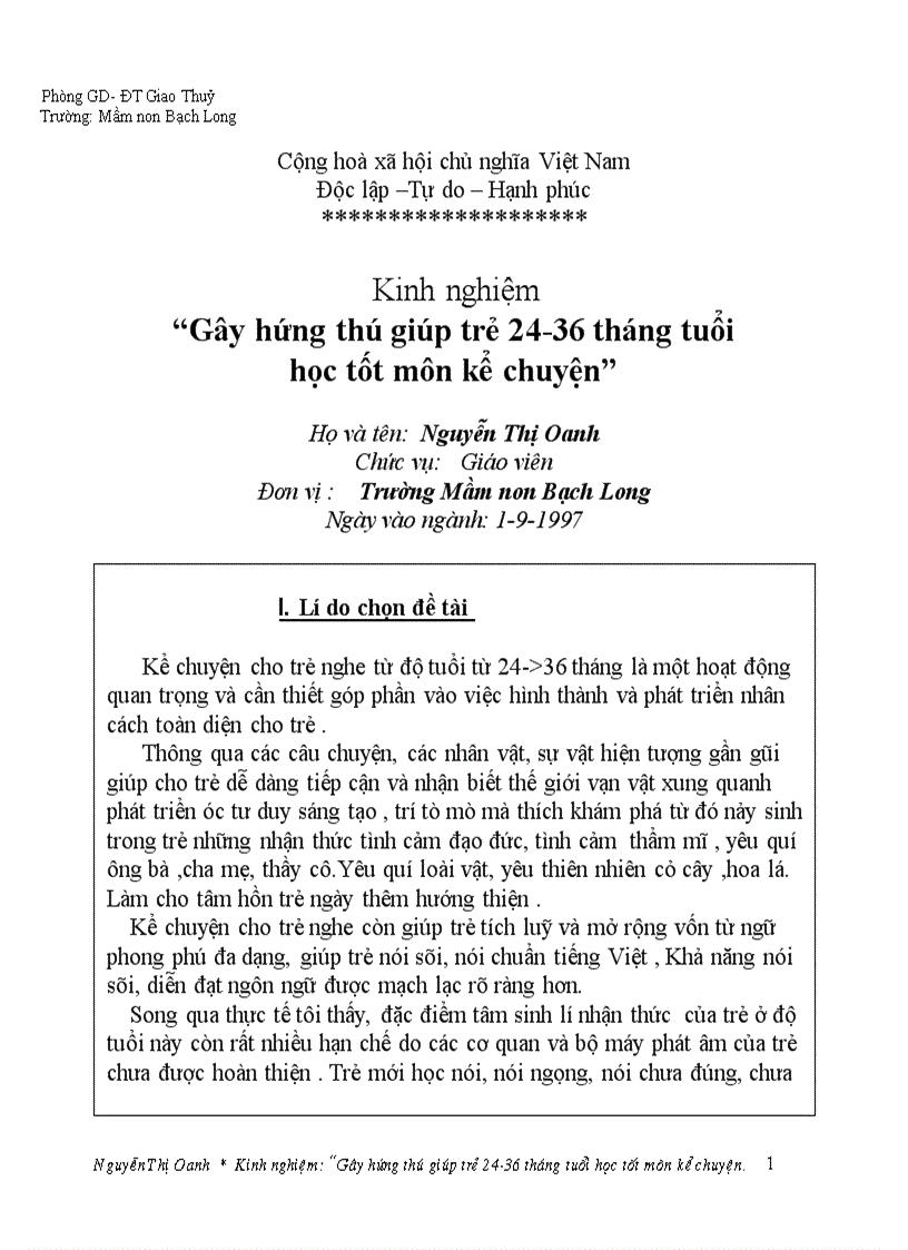 Gây hứng thú giúp trẻ 24 36 tháng tuổi học tốt môn kể chuyện Sáng kiến kinh nghiệm dạy học