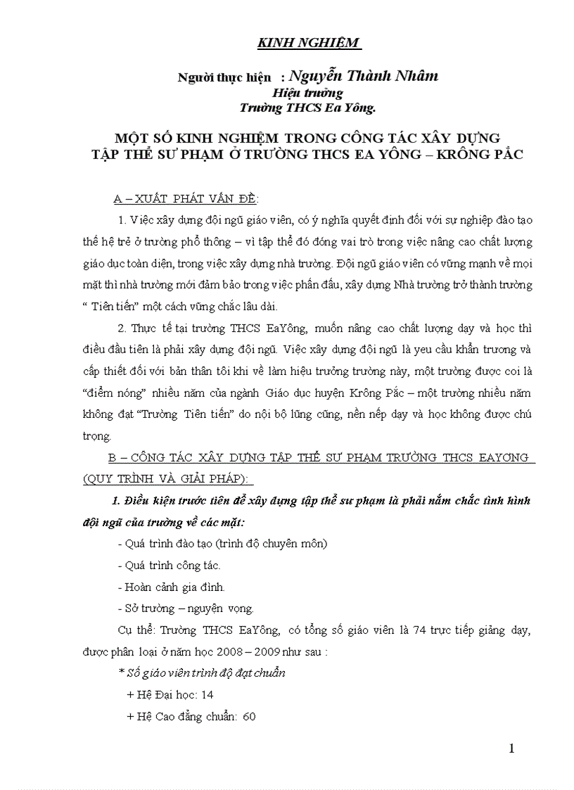 Một số kinh nghiệm trong công tác xây dựng tập thể sư phạm tại trường THCS Qa Yông huyện Krông Pắc Sáng kiến kinh nghiệm dạy học