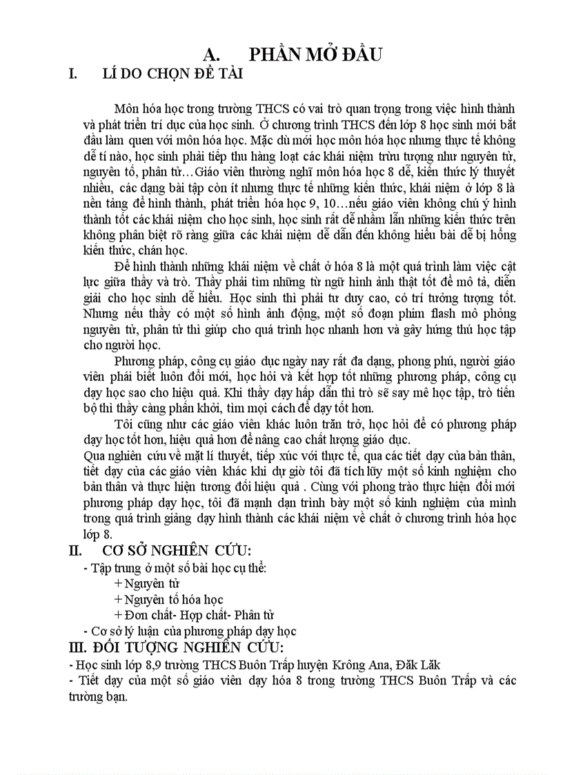 Một số kinh nghiệm hình thành khái niệm về chất ở môn Hóa học lớp 8 theo phương pháp mới Sáng kiến kinh nghiệm dạy học