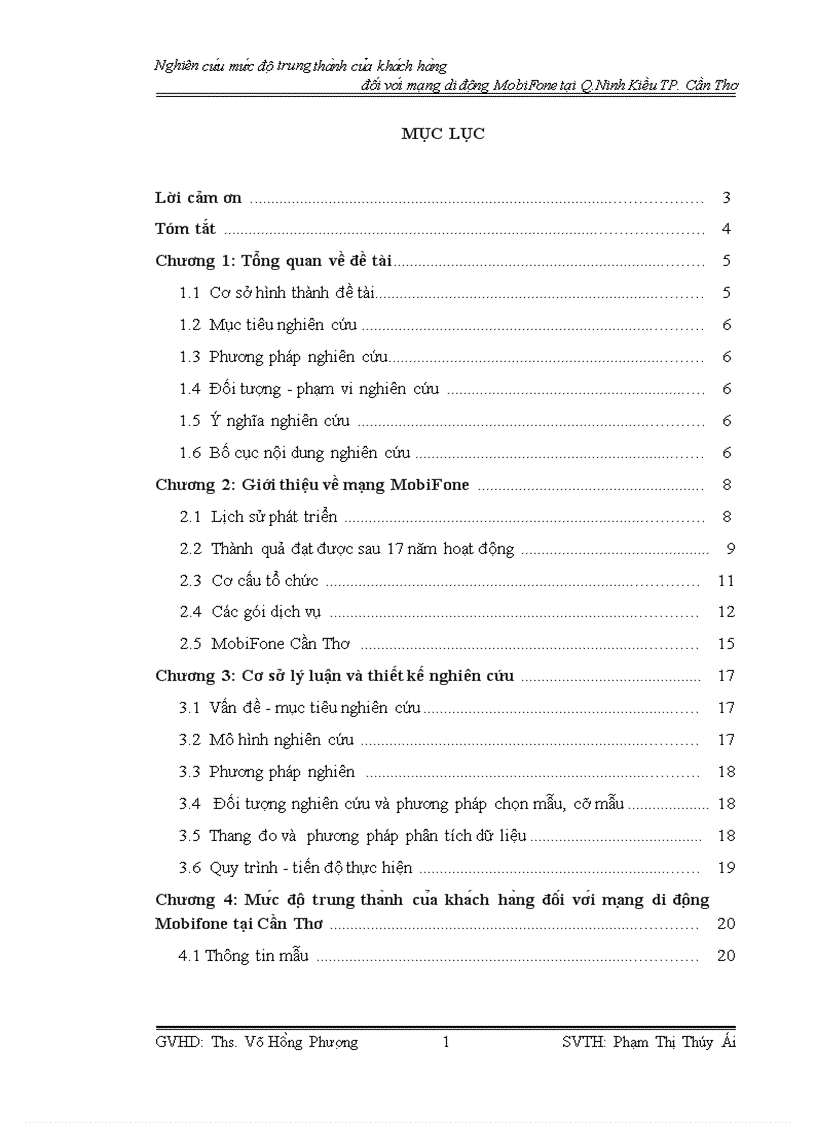 Nghiên cứu mức độ trung thành của khách hàng đối vơ i mạng di động MobiFone tại Q Ninh Kiều TP Cần Thơ