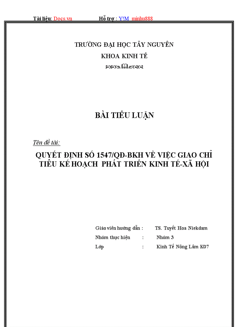 Quyết định số 1547 qđ bkh về việc giao chỉ tiêu kế hoạch phát triển kinh tế xã hội