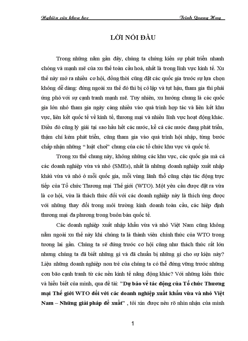 Dự báo về tác động của Tổ chức Thương mại Thế giới WTO đối với các doanh nghiệp xuất khẩu vừa và nhỏ Việt Nam Những giải pháp đề xuất