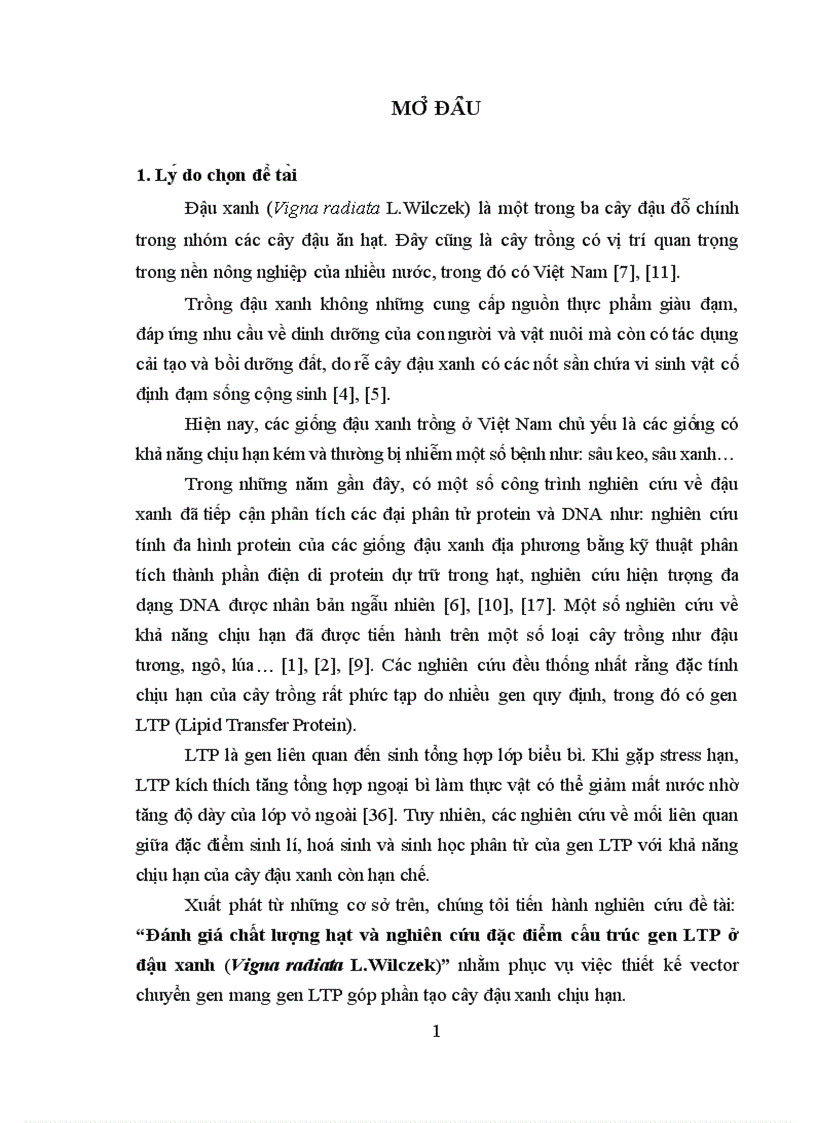 Đánh giá chất lượng hạt và nghiên cứu đặc điểm cấu trúc gen LTP ở đậu xanh Vigna radiata L Wilczek