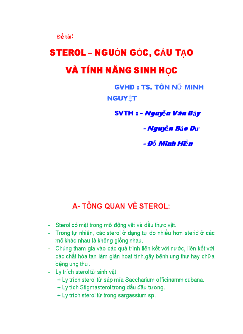 Sterol Nguồn gốc cấu tạo và tính năng sinh học