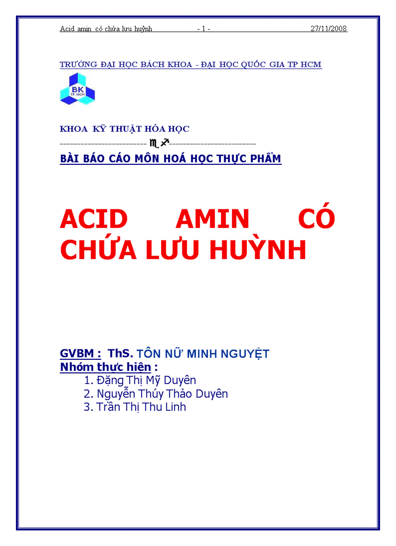 Tìm hiểu về các acid amin có chứa lưu huỳnh