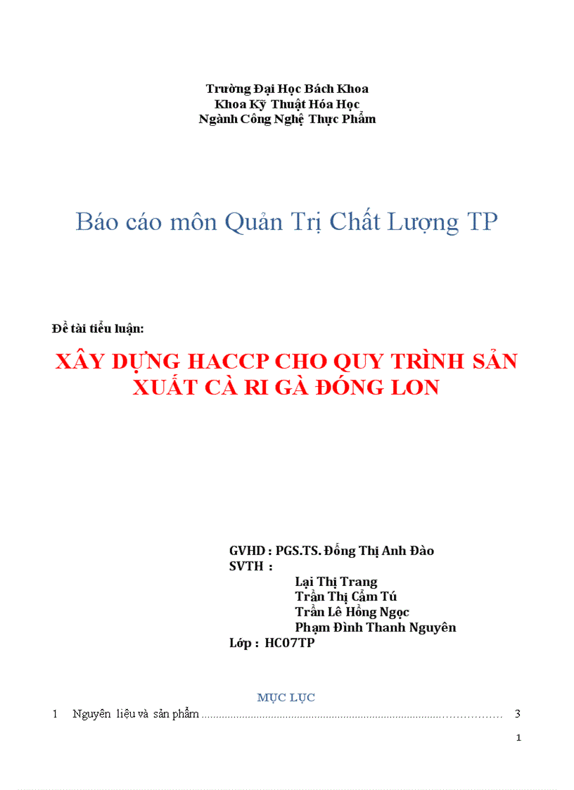 Xây dựng HACCP cho quy trình sản xuất cà ri gà đóng lon