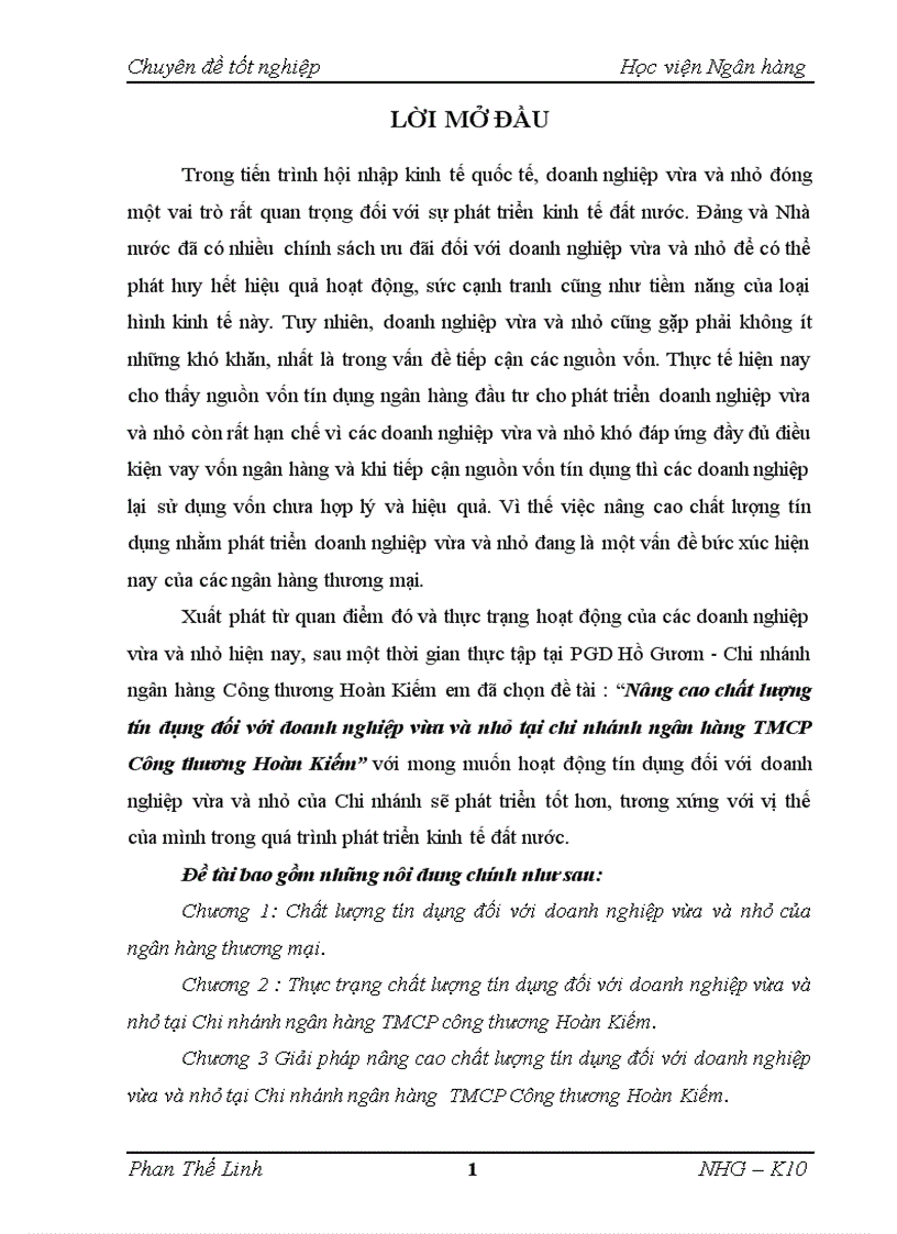 Nâng cao chất lượng tín dụng đối với doanh nghiệp vừa và nhỏ tại chi nhánh ngân hàng TMCP  Công thương Hoàn Kiếm”