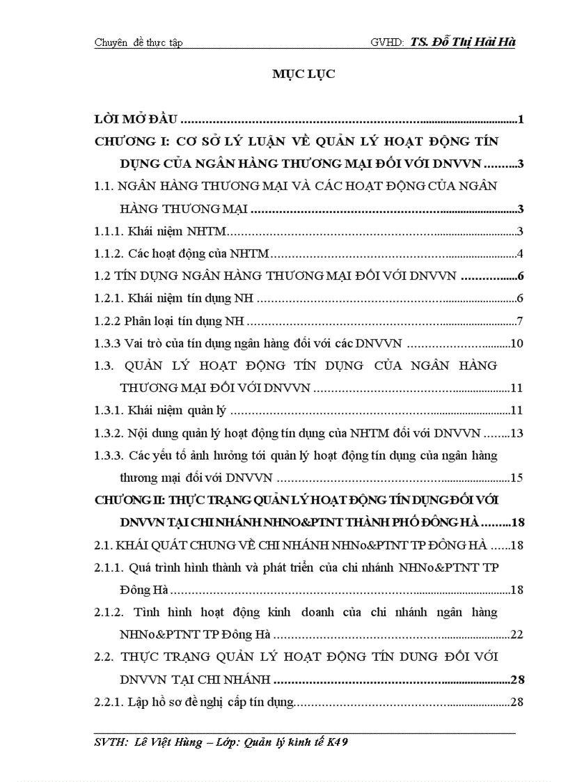 Quản lý hoạt động tín dụng đối với các doanh nghiệp vừa và nhỏ tại chi nhánh Ngân hàng Nông nghiệp và Phát triển nông thôn Thành Phố Đông Hà”