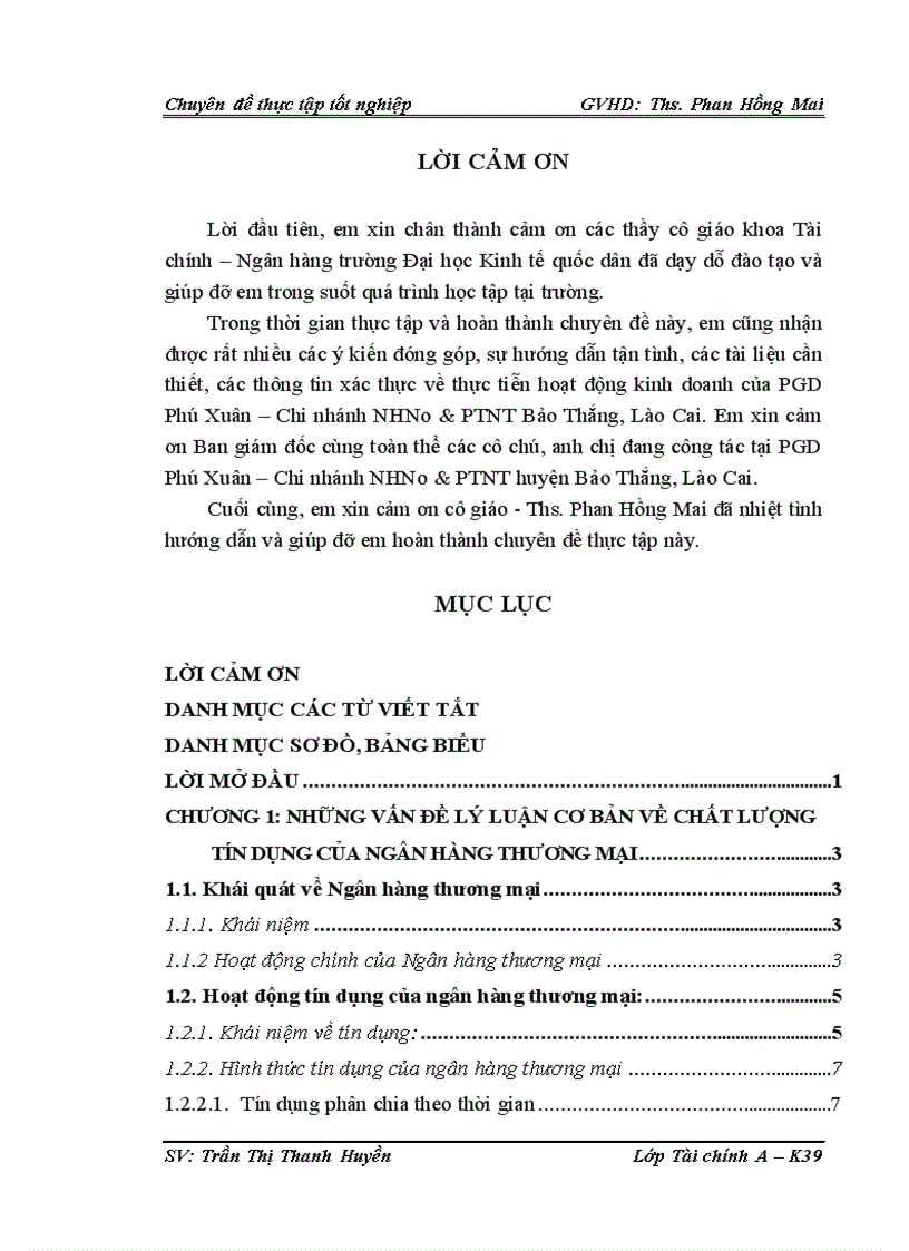 Thực trạng chất lượng tín dụng tại phòng giao dịch phú xuân - chi nhánh ngân hàng nông nghiệp và phát triển nông thôn huyện bảo thắng, lào cai