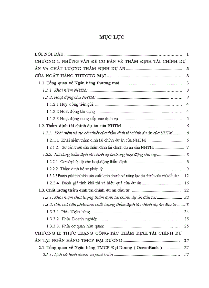 Đánh giá thực trạng chất lượng thẩm định tài chính dự án tại Ngân hàng TMCP Đại dương