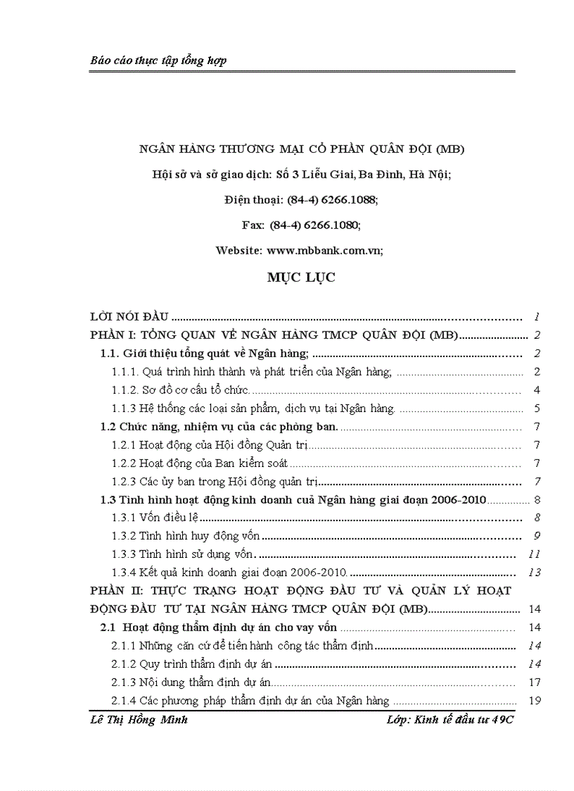 Thực trạng hoạt động đầu tư và quản lý hoạt động đầu  tư tại ngân hàng tmcp quân đội (MB)