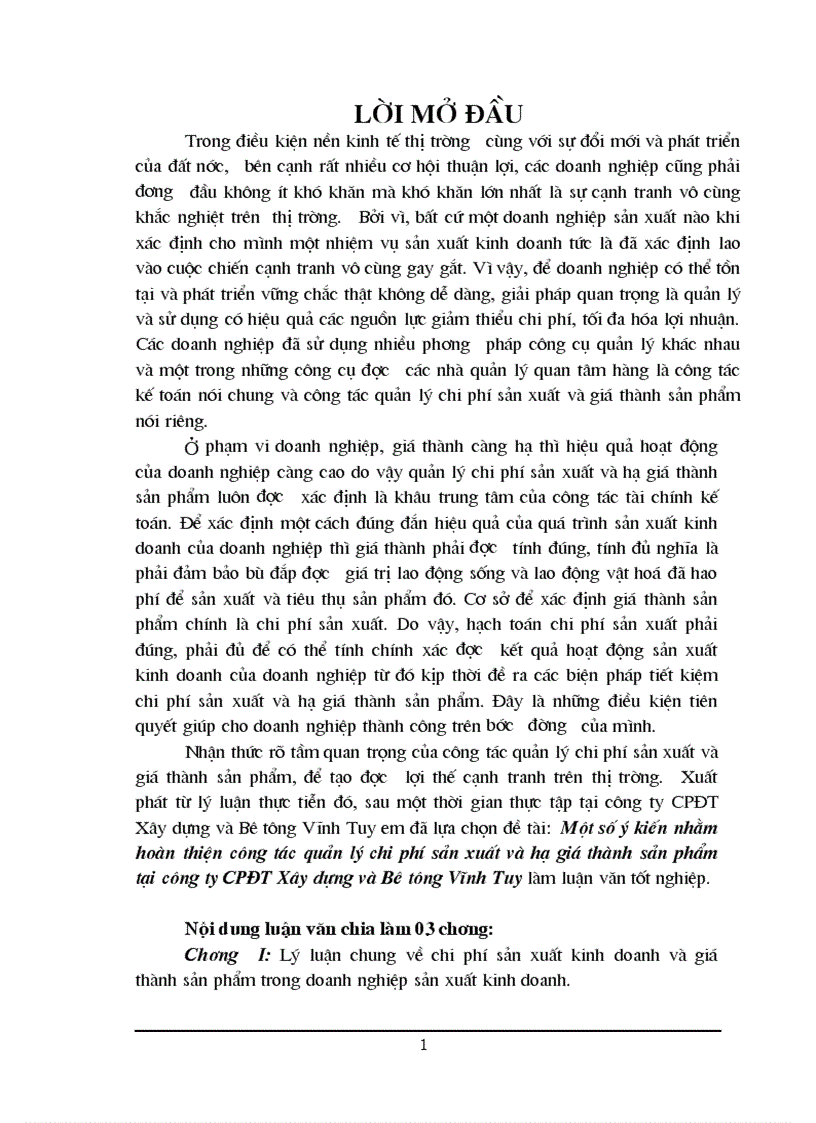 Một số ý kiến nhằm hoàn thiện công tác quản lý chi phí sản xuất và hạ giá thành sản phẩm tại Công ty Cổ phần Đầu tư Xây dựng và Bê tông Vĩnh Tuy