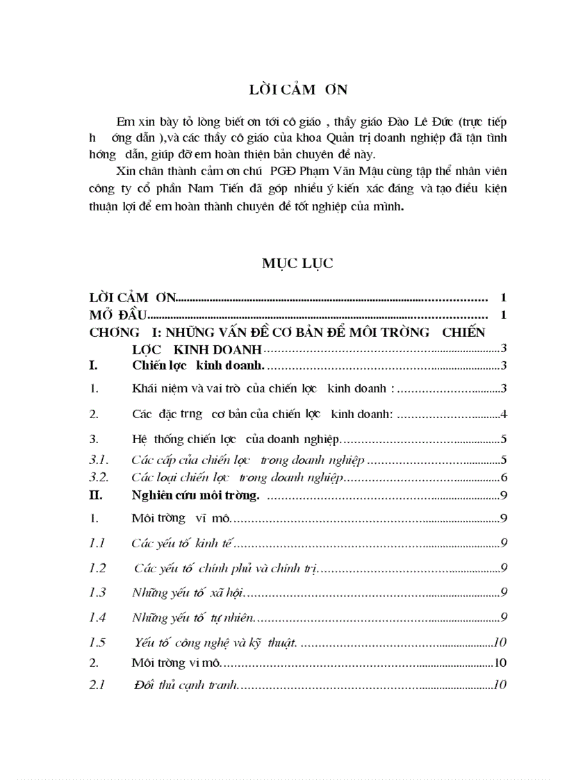 Hoàn thiện và phân tích môi trường chiến lư¬ợc kinh doanh ở Công ty cổ phần  Nam Tiến