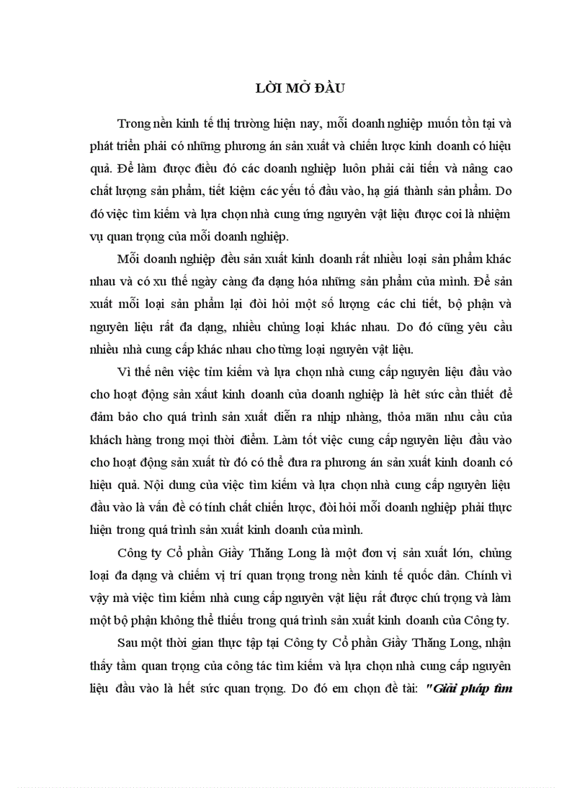 Giải pháp tìm kiếm và lựa chọn nhà cung cấp nguyên liệu đầu vào cho hoạt động sản xuất kinh doanh của Công ty Cổ phần Giầy Thăng Long