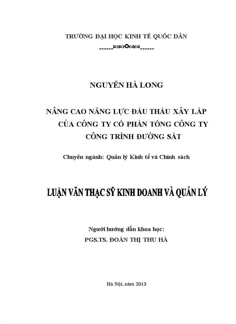 Nâng cao năng lực đấu thầu xây lắp của Công ty Cổ phần Tổng công ty Công trình Đường sắt