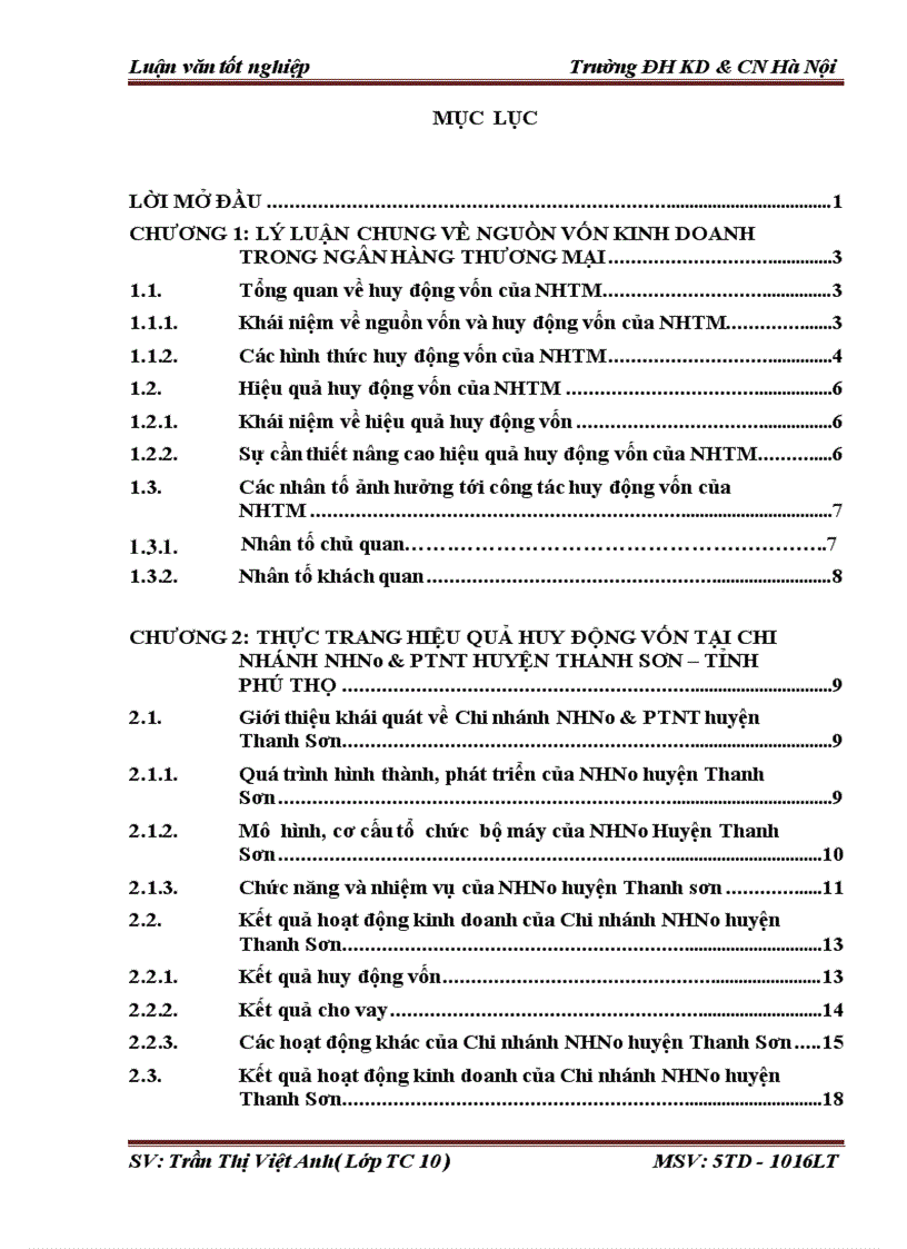 Một số giải pháp nhằm nâng cao hiệu quả huy động vốn tại Chi nhánh Ngân hàng Nông nghiệp và Phát triển Nông thôn huyện Thanh Sơn – Tỉnh Phú Thọ