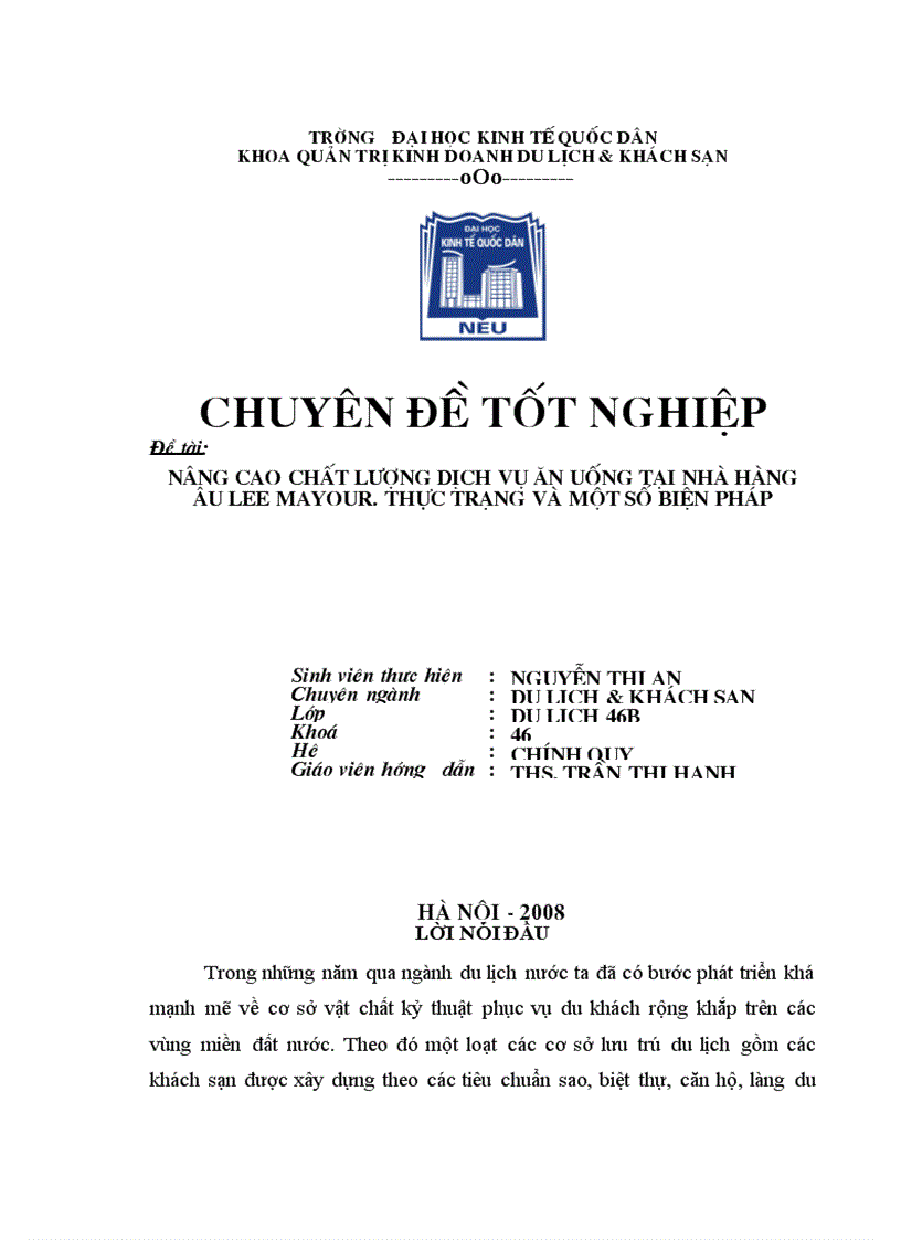 NÂNG CAO CHấT LƯợNG DịCH Vụ ĂN UốNG TạI NHà HàNG ÂU LEE MAYOUR. THựC TRạNG Và MộT Số BIệN PHá