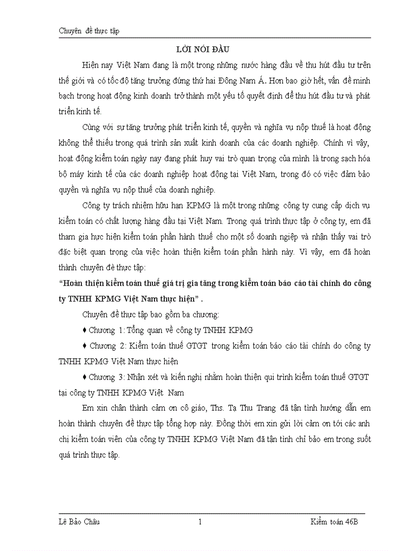 Hoàn thiện kiểm toán thuế giá trị gia tăng trong kiểm toán báo cáo tài chính do công ty TNHH KPMG Việt Nam thực hin .