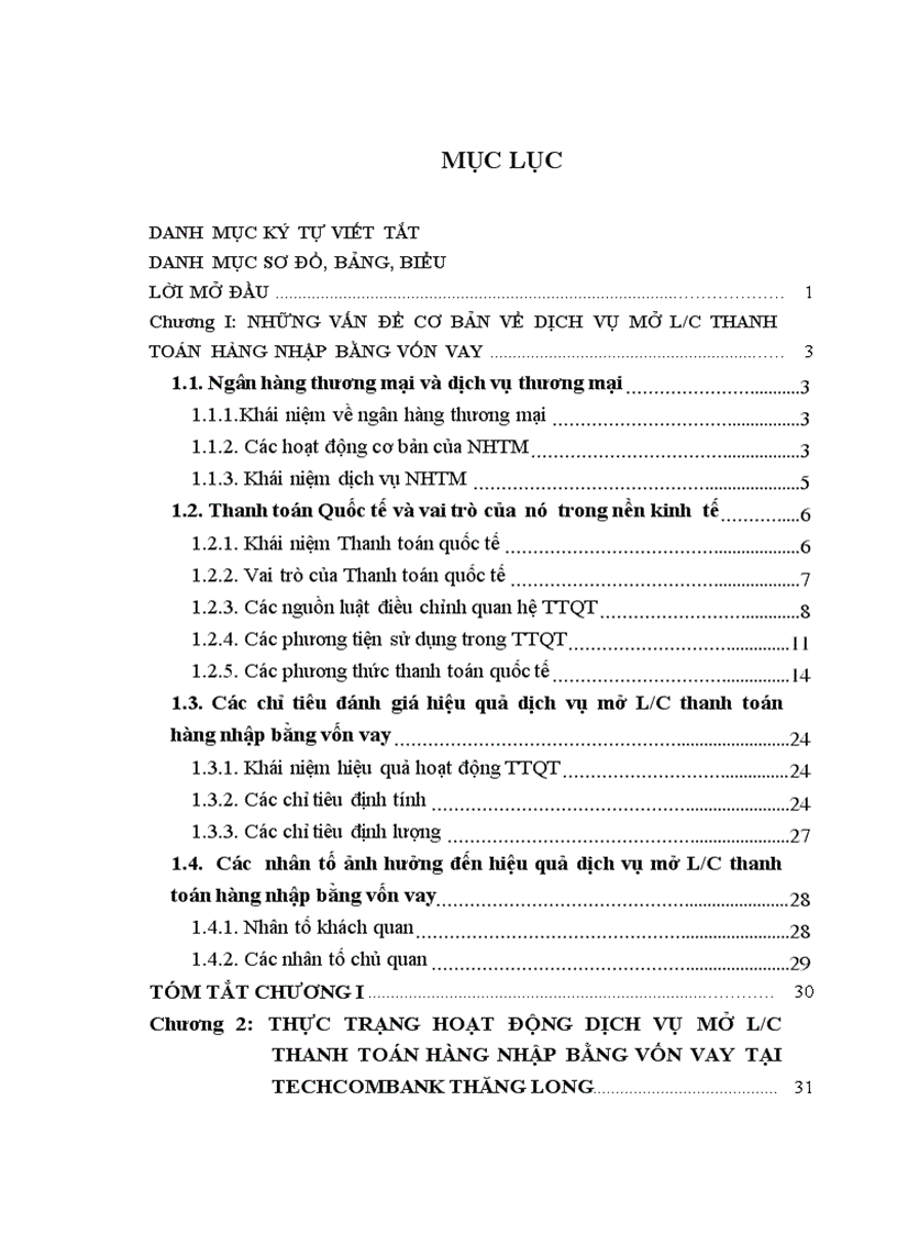 Giải pháp phát triển dịch vụ mở L/C thanh toán hàng nhập bằng vốn vay tại ngân hàng TMCP Kỹ Thương Việt Nam chi nhánh Thăng Long