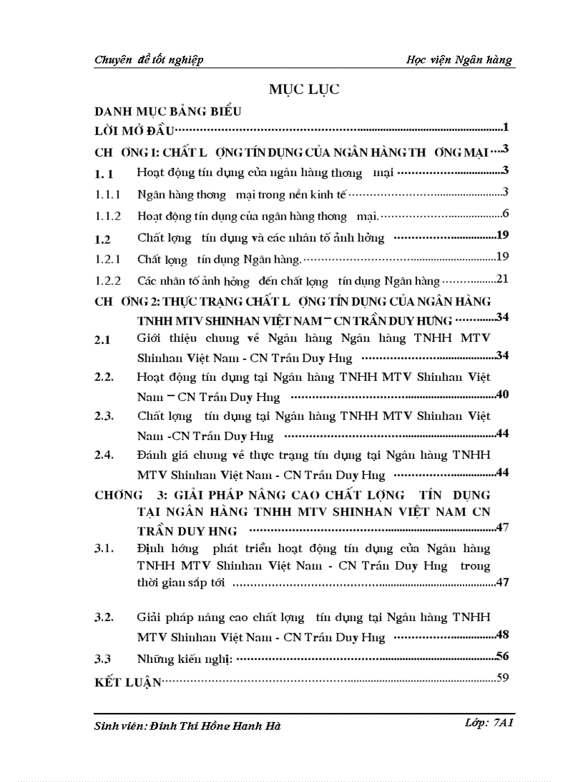 Thực trạng chất lượng tín dụng của Ngân hàng TNHH MTV Shinhan Việt Nam – CN Trần Duy Hưng